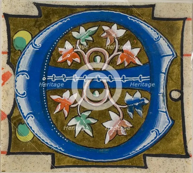 Decorated Initial "E" with Flowers from a Choir Book, 14th century or modern, c. 1920. Creator: Unknown.