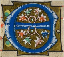 Decorated Initial "E" with Flowers from a Choir Book, 14th century or modern, c. 1920. Creator: Unknown