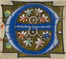 Decorated Initial "E" with Flowers from a Choir Book, 14th century or modern, c. 1920. Creator: Unknown