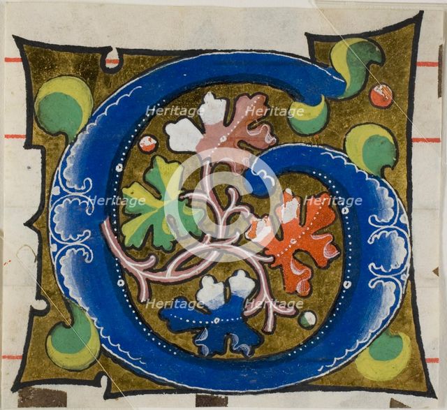 Decorated Initial "G" with Flowers from a Choir Book, 14th century or modern, c. 1920. Creator: Unknown.