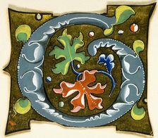 Decorated Initial "G" in Grey with Red, Green and Blue Leaves from a Manuscript, 14th..., c. 1920. Creator: Unknown