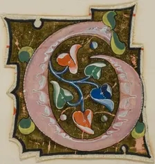 Decorated Initial "G" in Pink with Curling Leaves from a Manuscript, 14th century or modern, c. 1920 Creator: Unknown