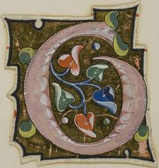 Decorated Initial "G" in Pink with Curling Leaves from a Manuscript, 14th century or modern, c. 1920 Creator: Unknown