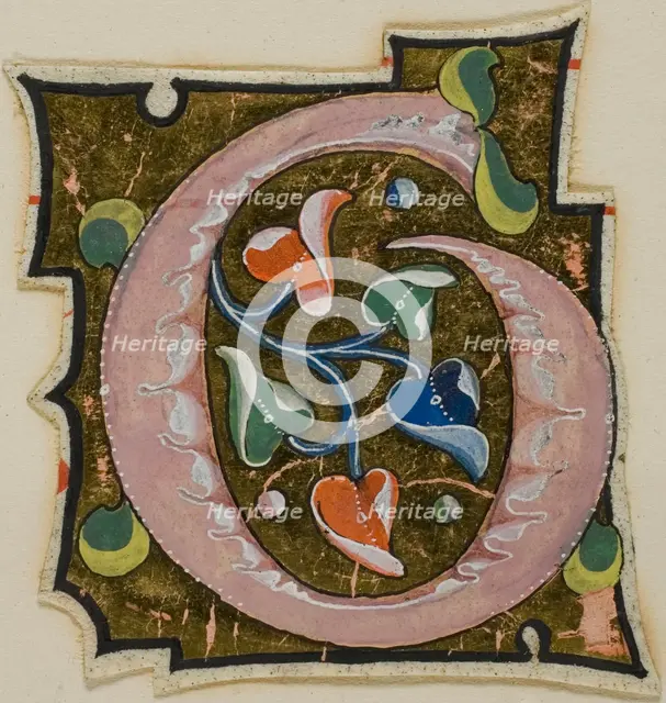 Decorated Initial "G" in Pink with Curling Leaves from a Manuscript, 14th century or modern, c. 1920 Creator: Unknown.