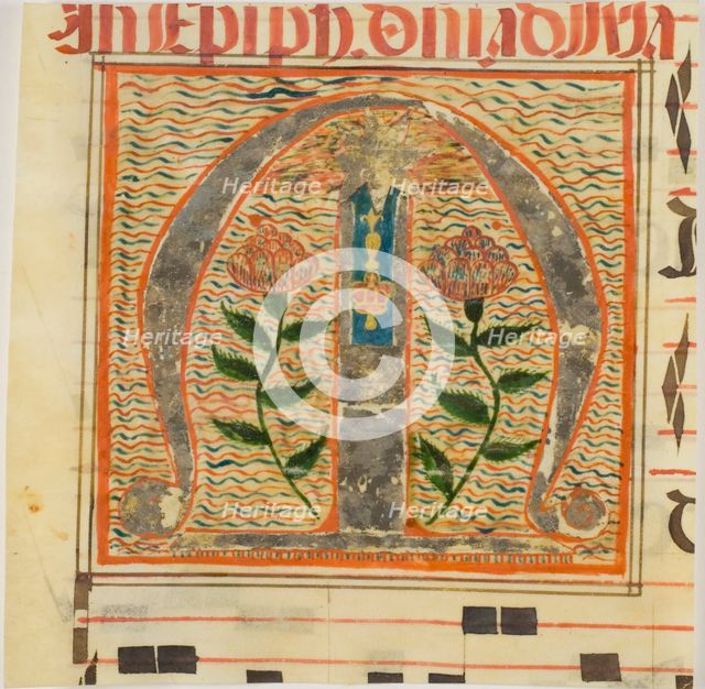 Decorated Initial "M" with Roses and a Medal from a Manuscript, n.d. Creator: Unknown.