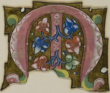 Decorated Initial "M" in Pink with Conventional Leaves from a Choir Book, 14th century..., c. 1920. Creator: Unknown