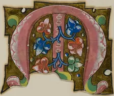 Decorated Initial "M" in Pink with Conventional Leaves from a Choir Book, 14th century..., c. 1920. Creator: Unknown