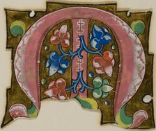 Decorated Initial "M" in Pink with Conventional Leaves from a Choir Book, 14th century..., c. 1920. Creator: Unknown