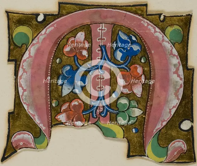 Decorated Initial "M" in Pink with Conventional Leaves from a Choir Book, 14th century..., c. 1920. Creator: Unknown.