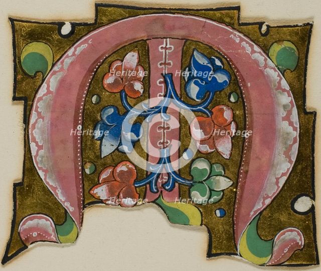 Decorated Initial "M" in Pink with Conventional Leaves from a Choir Book, 14th century..., c. 1920. Creator: Unknown.