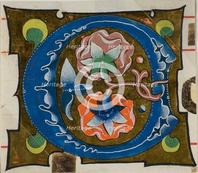 Decorated Initial "O" with Flowers from a Choir Book, 14th century or modern, c. 1920. Creator: Unknown.