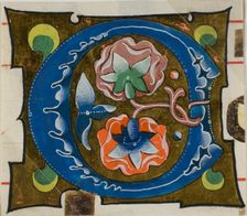 Decorated Initial "O" with Flowers from a Choir Book, 14th century or modern, c. 1920. Creator: Unknown