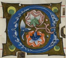 Decorated Initial "O" with Flowers from a Choir Book, 14th century or modern, c. 1920. Creator: Unknown
