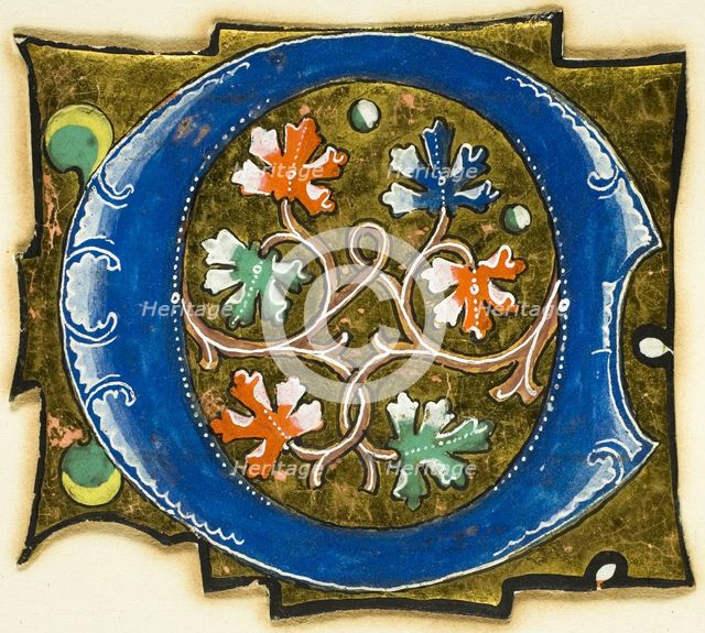 Decorated Initial "O" with Six Oak Leaves and Two Balls, 14th century or modern, c. 1920. Creator: Unknown.