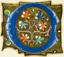 Decorated Initial "O" with Six Oak Leaves and Two Balls, 14th century or modern, c. 1920. Creator: Unknown
