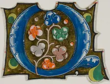 Decorated Initial "Q" with Three Balls and Six Leaves from a Choir Book, 14th century or..., c. 1920 Creator: Unknown