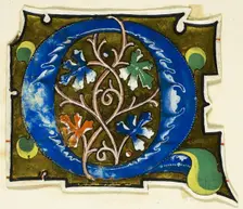 Decorated Initial "Q" in Blue with Four Oak Leaves from a Manuscript, 14th century or modern, c.1920 Creator: Unknown