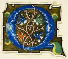 Decorated Initial "Q" in Blue with Four Oak Leaves from a Manuscript, 14th century or modern, c.1920 Creator: Unknown
