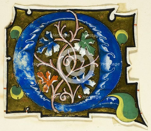 Decorated Initial "Q" in Blue with Four Oak Leaves from a Manuscript, 14th century or modern, c.1920 Creator: Unknown.