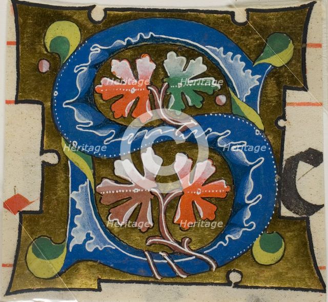 Decorated Initial "S" with Flowers from a Choirbook, 19th century imitation of 14th century style. Creator: Unknown.