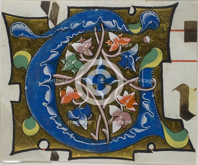 Decorated Initial "T" with Flowers from a Choirbook, 19th century imitation of 14th century style. Creator: Unknown.