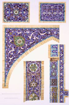 Decorative tilework in blue, green and cream with gold outlines, pub. 1905. Creator: Russian School (20th Century)