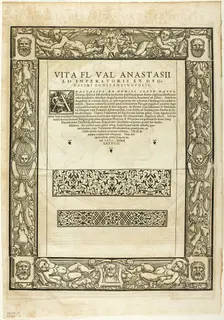Decorative Border (recto) and Portrait of Emporer Anastasius (verso), plate nine...1937. Creators: Hans Rudolf Manuel Deutsch, Max Geisberg, Peter Flotner
