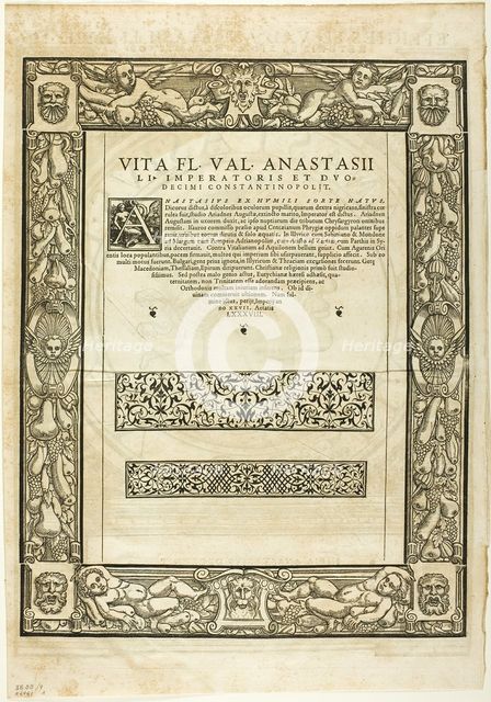 Decorative Border (recto) and Portrait of Emporer Anastasius (verso), plate nine...1937. Creators: Hans Rudolf Manuel Deutsch, Max Geisberg, Peter Flotner.