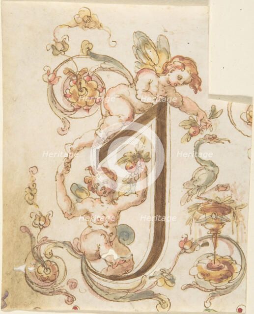 Decorative Letter "I" with Putti (Embroidery Design?), 16th century. Creator: Anon.