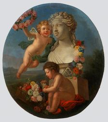 Decorative Panel with a Bust, Angels and Flowers, 1776. Creator: FR Monogrammist