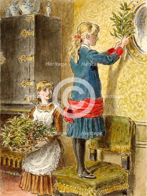 Decorating for Christmas, pub. 1854. Creator: Alfred W Cooper (1850 - 1901).