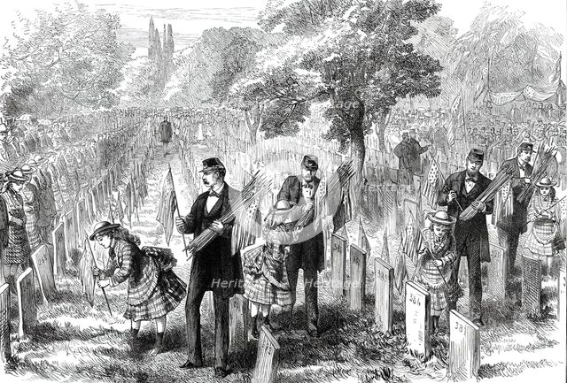 Decoration Day at Philadelphia: Orphans decorating their Fathers' Graves in Glenwood Cemetery, 1876. Creator: Unknown.