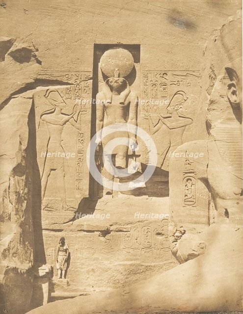 Décoration de l'entrée du grand Spéos d'Abousembil (Le Dieu Phré recevant les offran..., March 1850. Creator: Maxime du Camp.