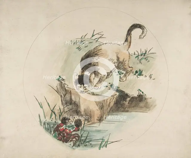 Decoration for a Plate: A Cat Hunting a Crab, 1850-1914. Creator: Felix Bracquemond.