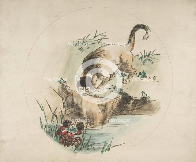 Decoration for a Plate: A Cat Hunting a Crab, 1850-1914. Creator: Felix Bracquemond.