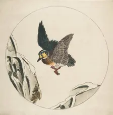 Decoration for a Plate: A Duck flying over Snow-covered Branches, 1850-1914. Creator: Felix Bracquemond