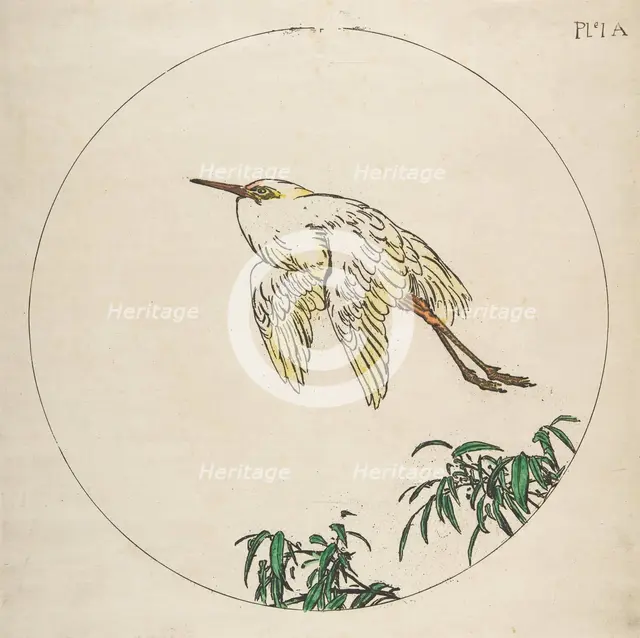 Decoration for a Plate: An Egret Flying Above Bamboo Branches, 1850-1914. Creator: Felix Bracquemond.