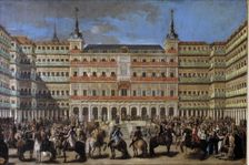 Decoration of the Plaza Mayor on the occasion of the entry into Madrid of Charles III, 1760. Detail Creator: Anonymous