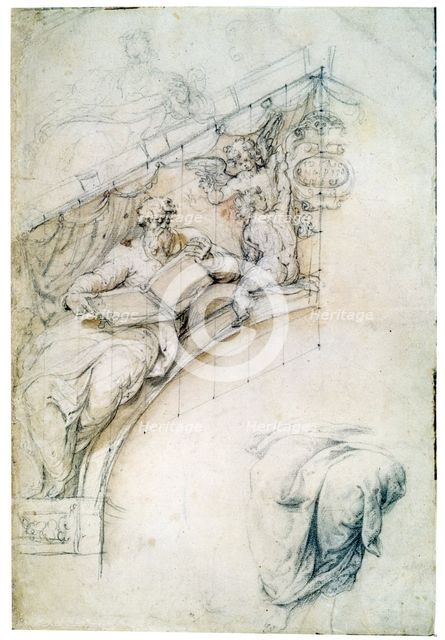 'Decoration of a wall over an entrance arch with a Prophet and two Puttos', c1525. Artist: Perino del Vaga