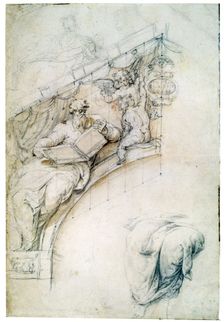 Decoration of a wall over an entrance arch with a Prophet and two Puttos c1525. Artist: Perino del Vaga