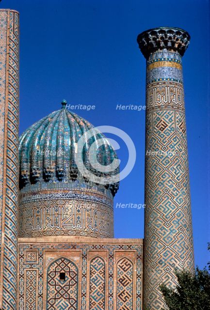 Decoration on tower and dome of Shir-Dar Madrasa, Samarkand. Uzbekistan, c20th century. Artist: CM Dixon.