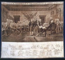 Declaration of Independance handkerchief, United States, c. 1876. Creators: Unknown, John Trumbull
