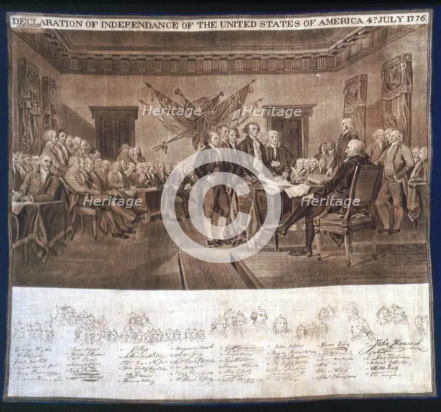 Declaration of Independance handkerchief, United States, c. 1876. Creators: Unknown, John Trumbull.