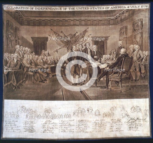 Declaration of Independance handkerchief, United States, c. 1876. Creators: Unknown, John Trumbull.