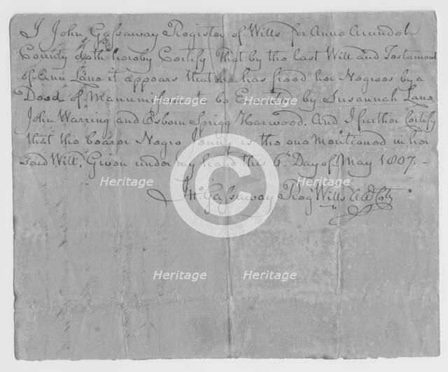 Declaration of manumission, 1807-05-06.  Creator: Unknown.