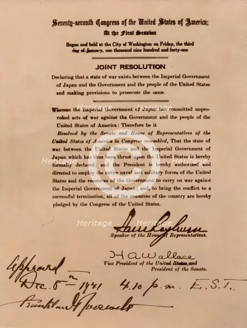 Declaration of war by the United States against Japan, 8 December 1941. Creator: Unknown.
