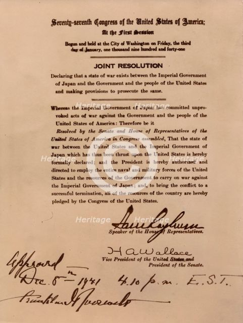 Declaration of war by the United States against Japan, 8 December 1941. Artist: Unknown