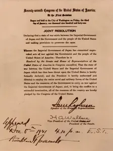 Declaration of war by the United States against Japan, 8 December 1941. Creator: Unknown