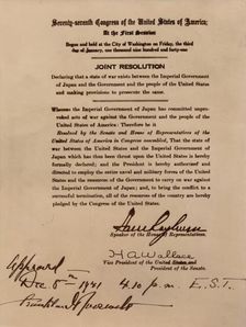 Declaration of war by the United States against Japan, 8 December 1941