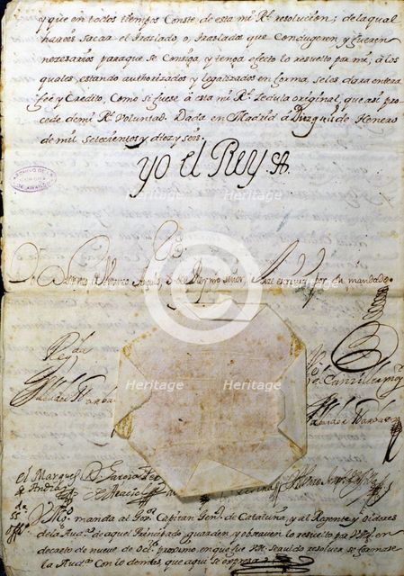 Decreto de Nueva Planta (Decree of New Plant), last page with the signature of king Phillip V; it…
